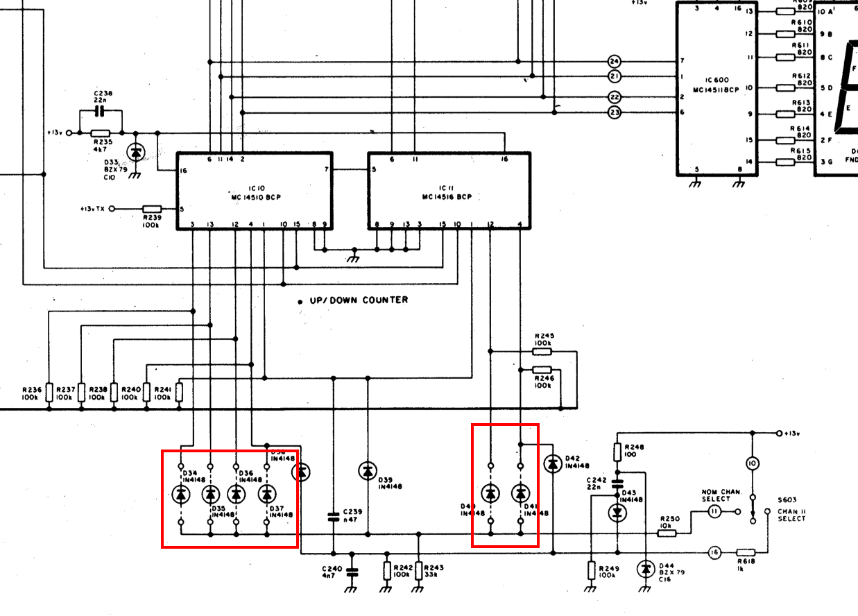 FM320 partial circuit diagram showing channel setting diode links